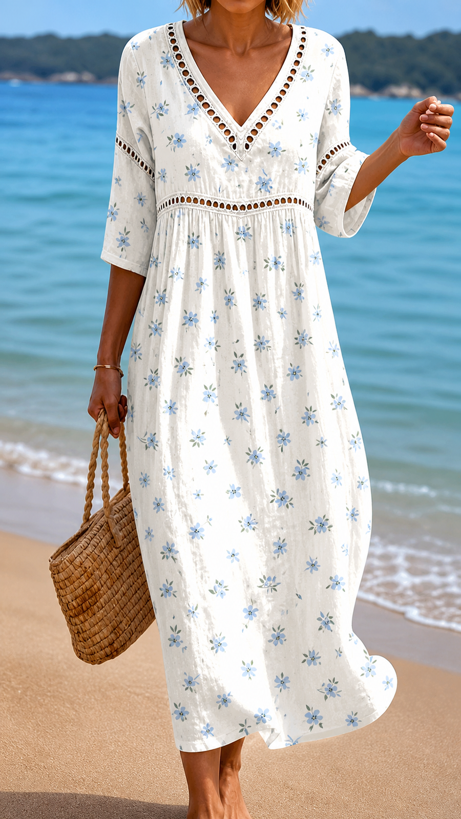 AMELIA | SOFT SUMMER MIDI DRESS WITH SMALL BLUE FLOWERS