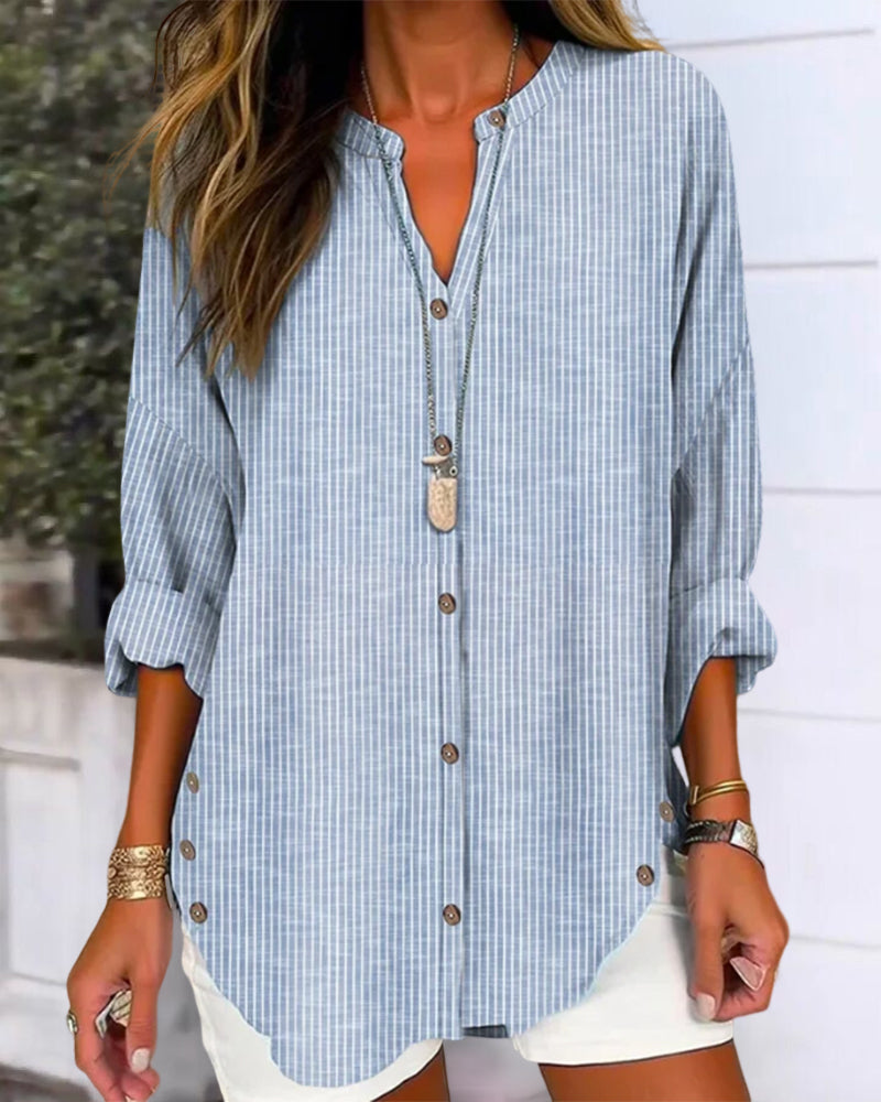 LINDA | BLUE STRIPED V-NECK TOP