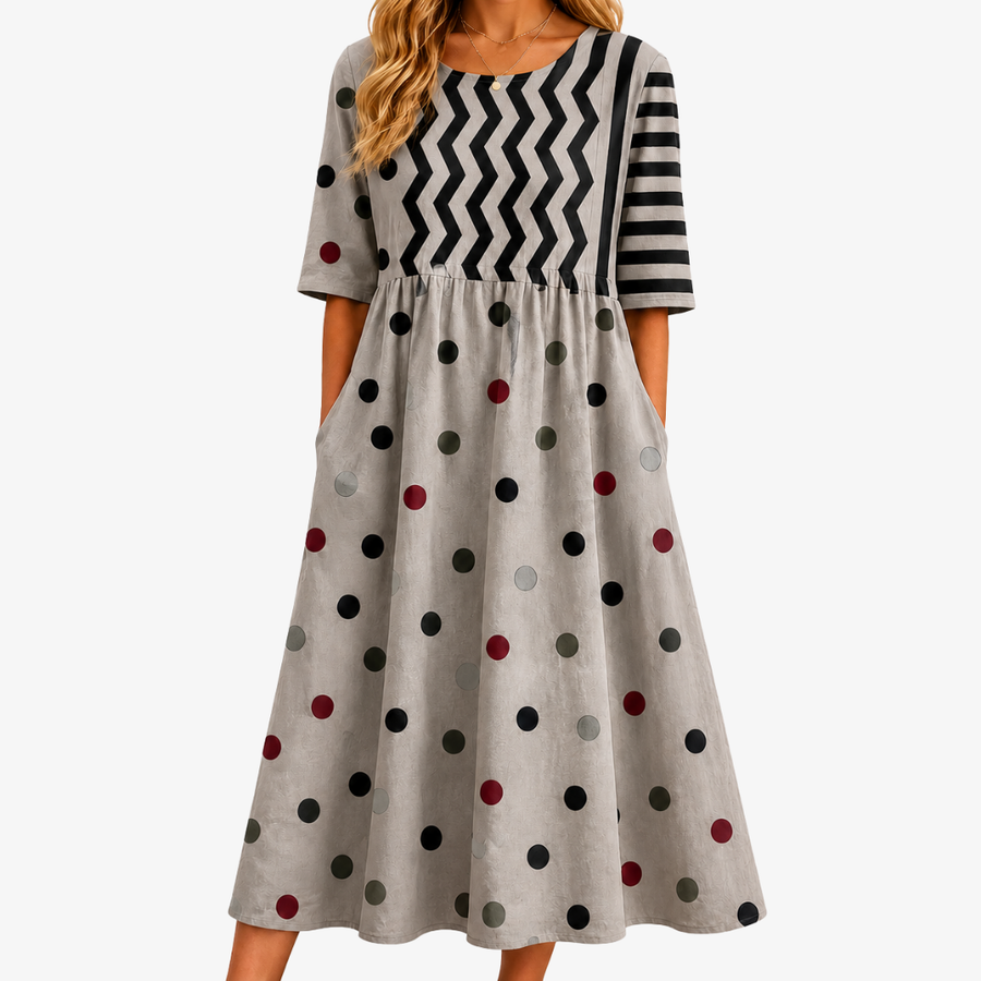 AMELIA | MODERN CHARM MIXED PRINT POCKET MIDI DRESS